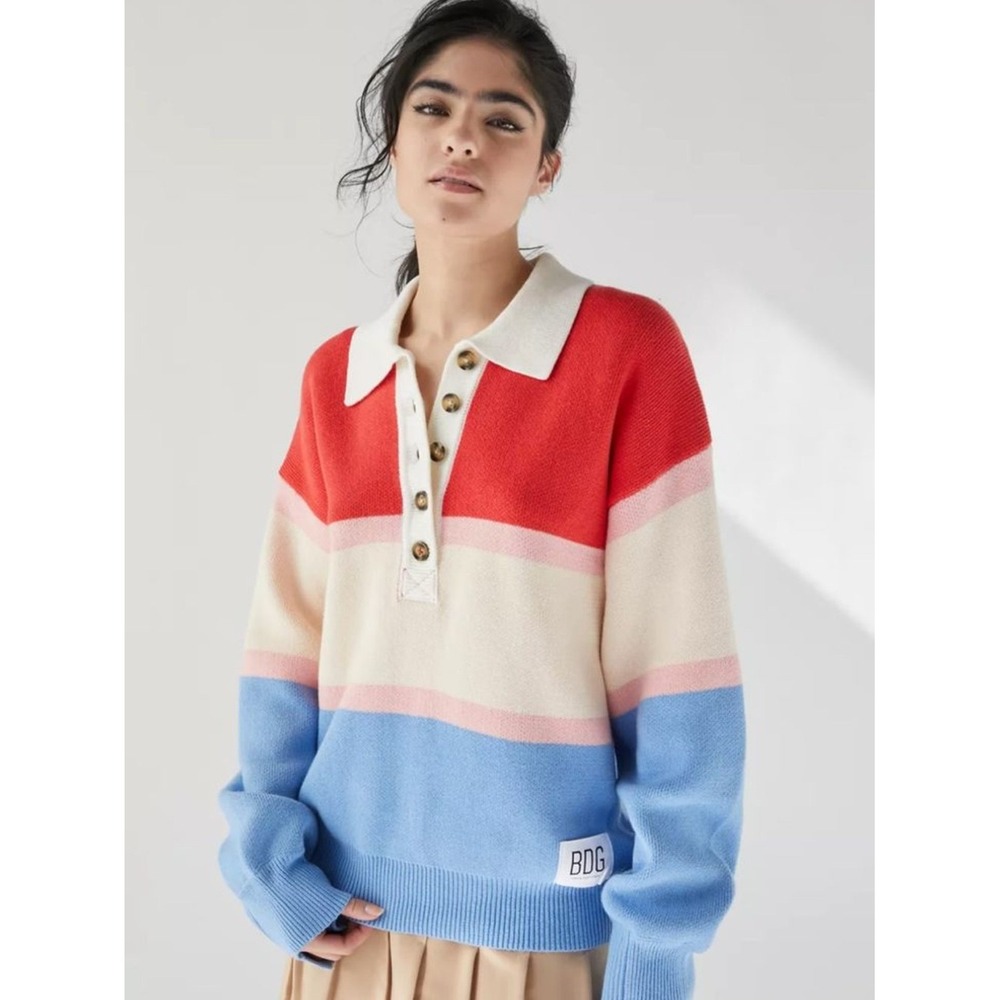 BDG Urban Outfitters Oversized Renna Stripe Rugby Polo Sweater S Preppy Academia